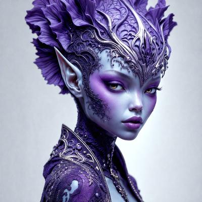 The primary subject of the image is a purple-haired, blue-eyed elf with a purple face. The setting is a dark background, and the visual style is digital art. The colors and mood of the image are predominantly purple, creating a unique and striking appearance.